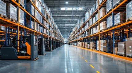 Poster - Rows of Palleted Goods in a Modern Warehouse with Forklifts