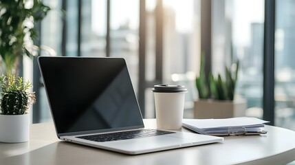 Wall Mural - Organized Professional Office Desk with Laptop,Coffee,and Documents