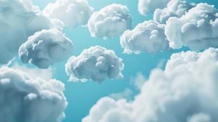 Poster - A blue sky with many clouds. The clouds are white and fluffy. The sky is clear and bright