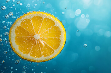 Canvas Print - slice of lemon floating in sparkling water against a blue background