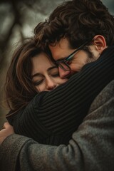 Wall Mural - A man and a woman are hugging each other. The woman is wearing a black sweater and the man is wearing glasses. Scene is warm and affectionate