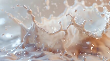 A splash of milk is shown in a splashy, dynamic way. Concept of movement and energy, as if the milk is in motion. The splashy effect of the milk creates a feeling of excitement and liveliness