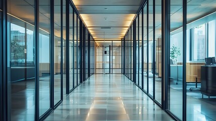 Poster - Sleek Office Hallway with Glass Walls Leading to Meeting Rooms and Private Spaces