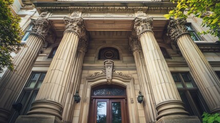 Poster - Stone Columns and Ornate Entrance of a Historic Building