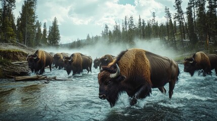 Canvas Print - Bison crossing a river