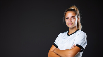 a confident female soccer player in team jersey, standing with arms crossed in a studio setting