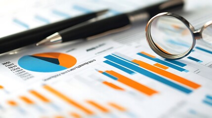 Sticker - Close-up of Financial Charts with Magnifying Glass and Pen