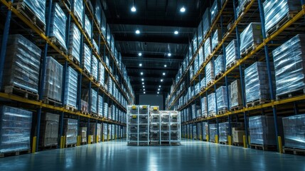Poster - Rows of Palletized Goods in a Warehouse