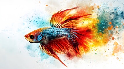 Colorful betta fish with vibrant fins and abstract watercolor splashes on a white background