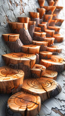 Poster - 3D Render of Timber Tile Wall Art with Square Wood Blocks Creating a Natural Rustic Background