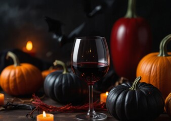 Halloween Wine for the holiday, autumn still life, black roses, Halloween, pumpkins, candles, evil faces,