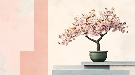 Canvas Print - Blooming Cherry Blossom Tree in a Pot on a Concrete Platform