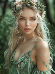 Wall Mural - Mysterious forest, the enchanting fairy queen, wearing a flowing green dress, wearing a delicate crown of flowers on head, the eyes were glowing dark green, exudes magical charm. Generative AI.