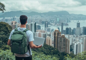 Poster - A man with a laptop in a green backpack stands on the top of a mountain and looks at the cityscape. The man is holding his laptop