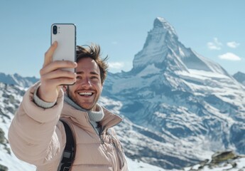 Poster - Portrait of smiling man taking selfie with smartphone against mountain landscape, funny and happy travel concept.