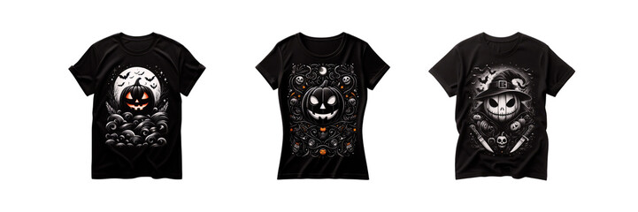 Wall Mural - Set of Halloween women black t-shirt, isolated over on transparent white background