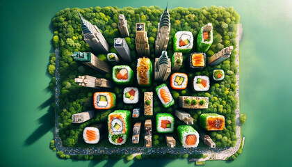 Wall Mural - Various sushi rolls creatively arranged to mimic a cityscape set against a backdrop of a lush green park. The concept of food delivery and roll delivery.	