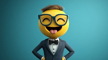 3d illustration of a businessman emoji showing tongue wearing a suit and glasses is laughing