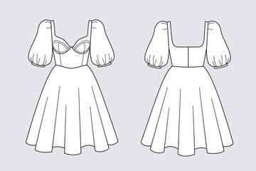 Female dress vector template isolated on a grey background. Front and back view. Outline fashion technical sketch of clothes model.