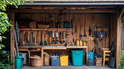 Wall Mural - Tool shed with garden tools and household waste bins