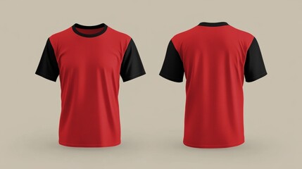 Mockup of a red short-sleeved t-shirt with blank black sleeves