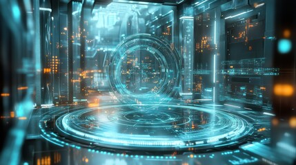 Poster - Futuristic Sci-Fi Interior with Circular Portal and Glowing Lights