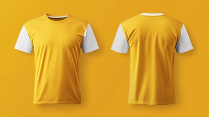 Mockup of a yellow short-sleeved t-shirt with blank white sleeves