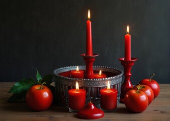 autumn still life, red candles, Halloween, red apples, pumpkins, candles, evil faces,