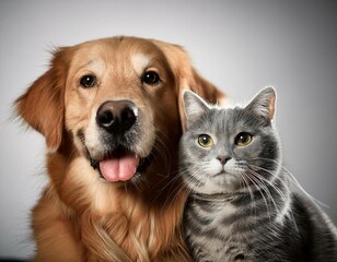 A Happy Golden Retriever and Grey Cat Posing Together in a Studio Setting