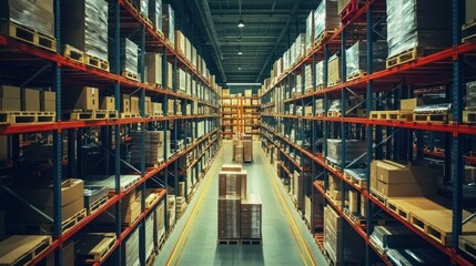 Poster - Aisle in a Warehouse with Pallet Racks Filled with Cardboard Boxes