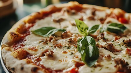 A close-up shot of an elegant pizza on the table, captured in high definition with the aesthetic and depth characteristic