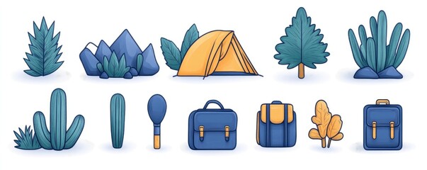 art of camping, tourism equipment on white background