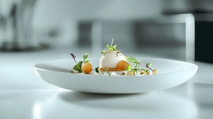 Wall Mural - A clean white surface with a minimalist presentation of a gourmet meal