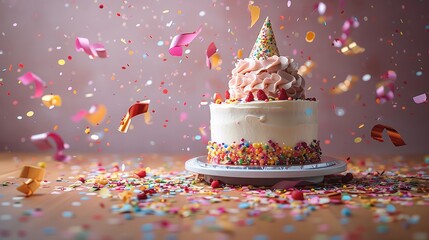 Poster - Birthday cap with cake confetti and serpentine explosion huge. copy space. Generative AI.