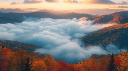 Aufkleber - A mountain landscape at dawn, where a sea of clouds fills the valleys below. The peaks of the mountains emerge above the clouds, covered in dense forests with vibrant autumn foliage. Generative AI.