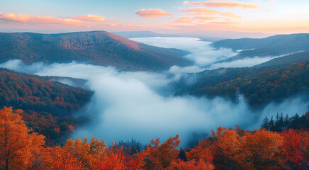 Aufkleber - A mountain landscape at dawn, where a sea of clouds fills the valleys below. The peaks of the mountains emerge above the clouds, covered in dense forests with vibrant autumn foliage. Generative AI.