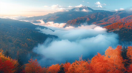 Aufkleber - A mountain landscape at dawn, where a sea of clouds fills the valleys below. The peaks of the mountains emerge above the clouds, covered in dense forests with vibrant autumn foliage. Generative AI.