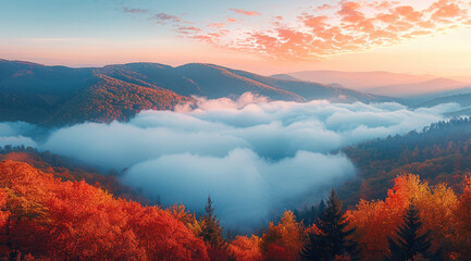Aufkleber - A mountain landscape at dawn, where a sea of clouds fills the valleys below. The peaks of the mountains emerge above the clouds, covered in dense forests with vibrant autumn foliage. Generative AI.