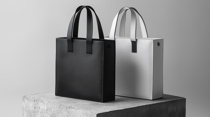 Tatami Minimalism Black and White Totes on Concrete Platform The image showcases two tote bags one black and one white placed on a concrete platform against a plain gray Tote bag