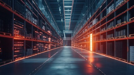 Poster - Empty Industrial Warehouse with Glowing Lights