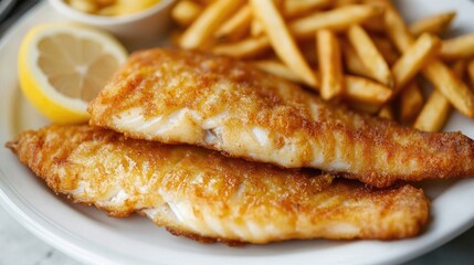 Fried Walleye Meal with French Fries and Lemon Wedge on Plate