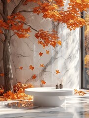 Aufkleber - A podium for product display with autumn leaves in the background. Generative AI.