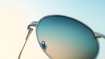 A close-up of sunglasses with intricate details, set against a light solid color background