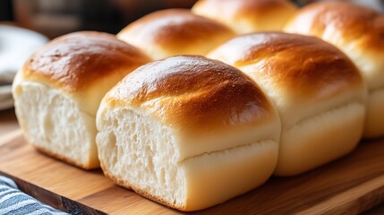 Soft and Fluffy Dinner Rolls Freshly Baked on Wooden Board