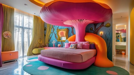 Wall Mural - A colorful and playful bedroom with a large bed shaped like a mushroom, surrounded by big tree wall decals and bright, imaginative decor