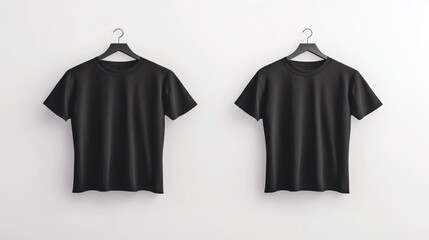 Two Blank Black T-Shirts Hanging On Hangers Mockup