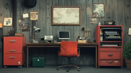 Poster - Retro Office Desk with Red Filing Cabinets and a World Map