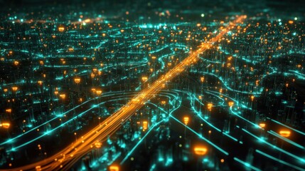 Poster - Futuristic Cityscape with Glowing Lines and Lights