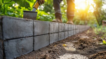 On new land, a retaining concrete block wall is being constructed with a man levelling tool.