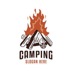 Wall Mural - Retro Camping badge design with distressed campfire. Travel logo graphics. Stock vintage label